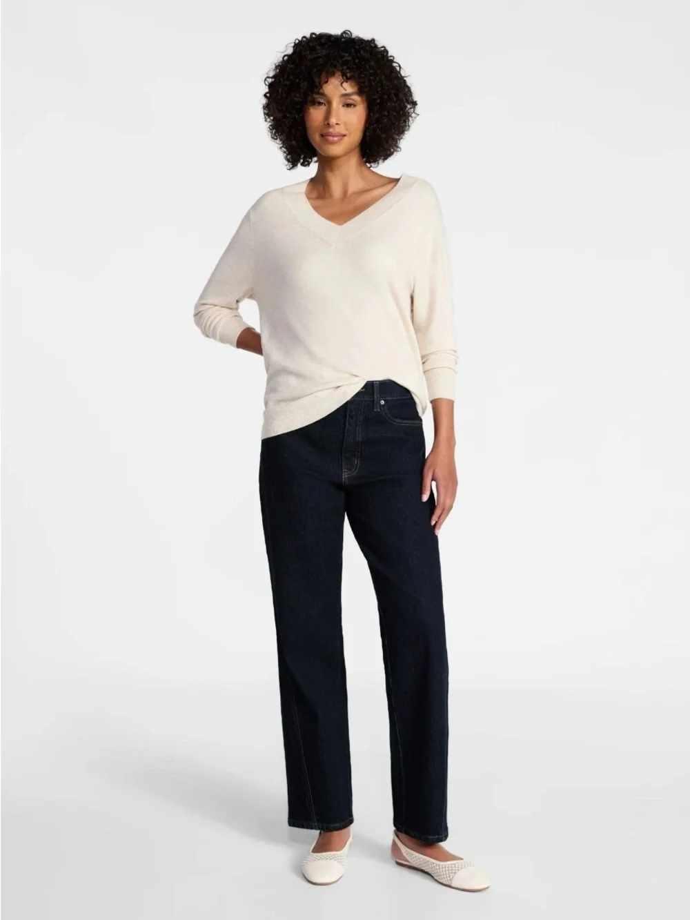 Time and Tru Women's V-Neck Sweater Lightweight in Oatmeal Color
